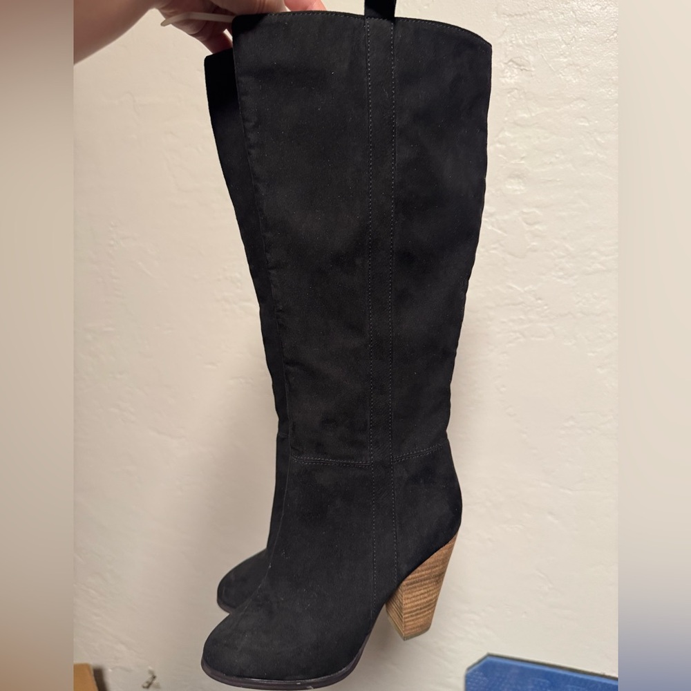Charles David Black Suede Knee-High Boots with Wooden Heel
